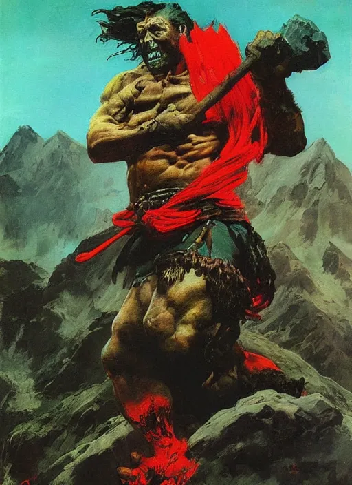 Image similar to portrait of barbarian on mountain, coherent! by mariusz lewandowski, by frank frazetta, deep color, strong line, red green black teal, high contrast