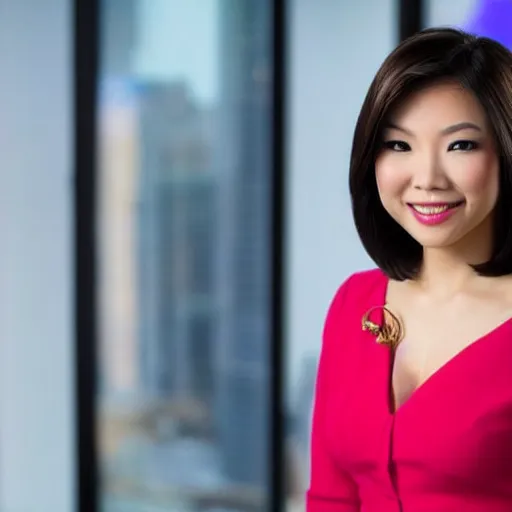 Image similar to a fullbody shot of a beautiful, asian - american female news anchor, with a bob cut, ultra hd, high definition, high quality, crisp, sharp, smooth, 8 k resolution