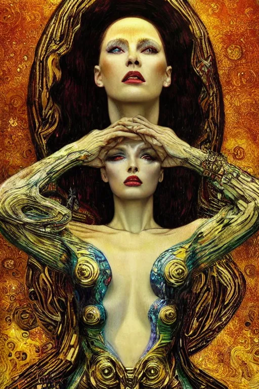 Image similar to Intermittent Chance of Chaos Muse by Karol Bak, Jean Deville, Gustav Klimt, and Vincent Van Gogh, beautiful Surreality portrait, enigma, Loki's Pet Project, destiny, Poe's Angel, fate, inspiration, muse, otherworldly, fractal structures, arcane, ornate gilded medieval icon, third eye, spirals