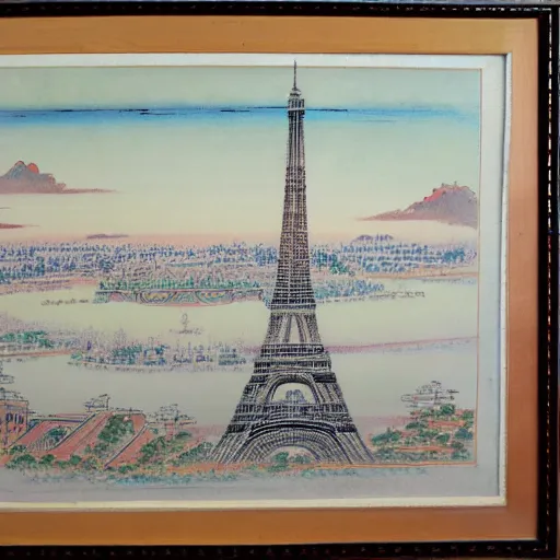 Image similar to Detailed sunset by the Eiffel Tower, Chinese painting style