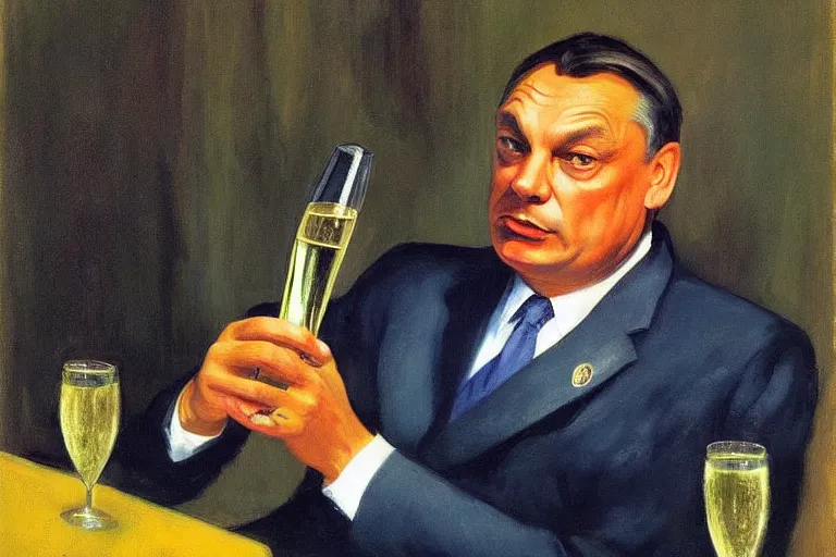 Prompt: viktor orban drinking champagne, highly detailed face by edward hopper