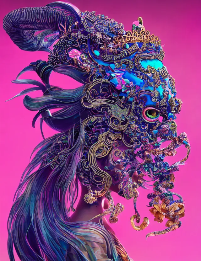 Image similar to 3 d goddess close - up profile portrait with crown, ram skull. beautiful intricately detailed neon japanese crow kitsune mask and clasical japanese kimono. betta fish, jellyfish phoenix, bio luminescent, plasma, ice, water, wind, creature, artwork by tooth wu and wlop and beeple and greg rutkowski