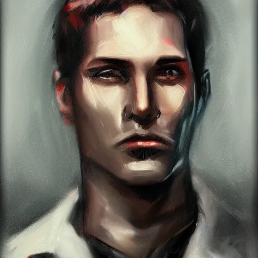 Image similar to portrait painting of a science fiction character space mechanic, retrowave noir, in the style of casey baugh and james jean, hyper realistic face, photorealistic face