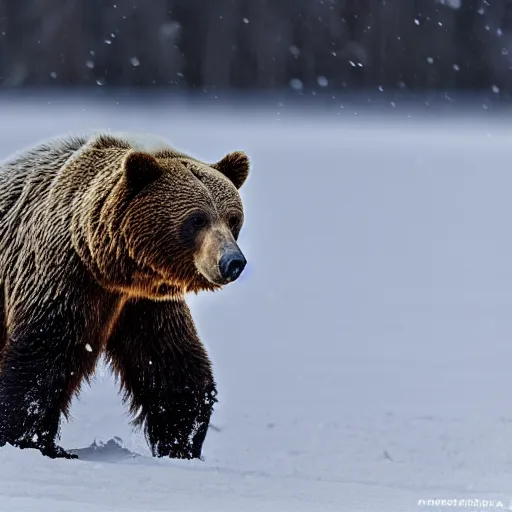 Image similar to Photorealistic photograph of a bear in snow by Sergey Gorshkov, photorealism, photorealistic, realism, real, highly detailed, ultra detailed, detailed, f/2.8L Canon EF IS lens, Canon EOS-1D Mark II, Wildlife Photographer of the Year, Pulitzer Prize for Photography, 8k