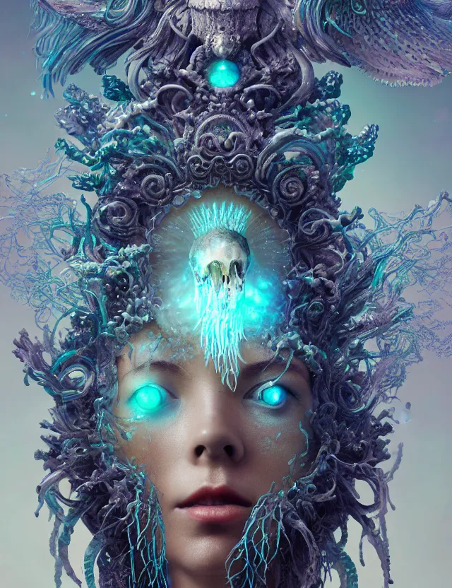 Image similar to goddess macro close - up portrait wigh crown made of ram skull. betta fish, jellyfish phoenix, bioluminiscent, plasma, ice, water, wind, creature, super intricate ornaments artwork by tooth wu and wlop and beeple and greg rutkowski