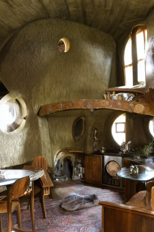 Image similar to art - deco interior of a hobbits house