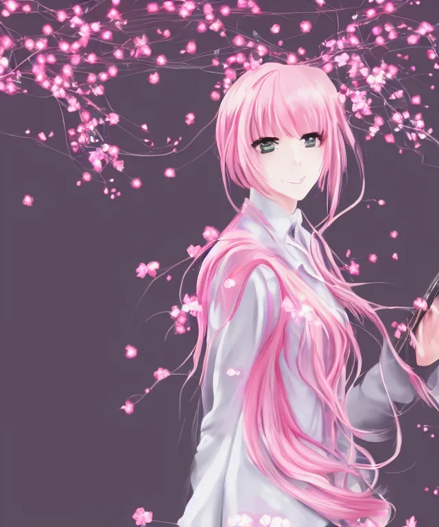 Image similar to anime girl, light pink hair with pink flames, video game, cherry blossoms, neo tokyo, portrait, perfectly symmetrical, 5 0 mm