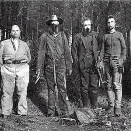 Prompt: an old photograph of hunters proudly standing beside a dead bigfoot