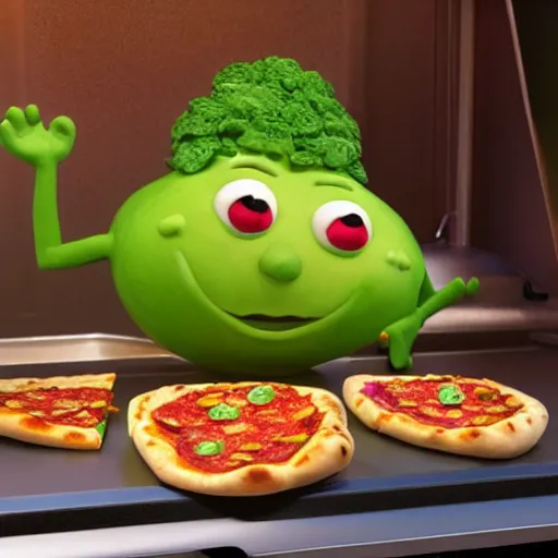 Prompt: cabbage characters with pizza peel, royal walruss king wearing a crown, cooking pizza in a wood fired oven, highly detailed 3 d render, funny, pixar