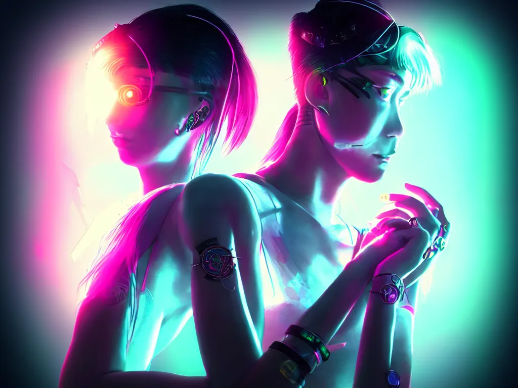 Image similar to a portrait of the neon cyberpunk sailor moon with arm tattoos, single person, dystopian scifi gear, gloomy, profile picture,