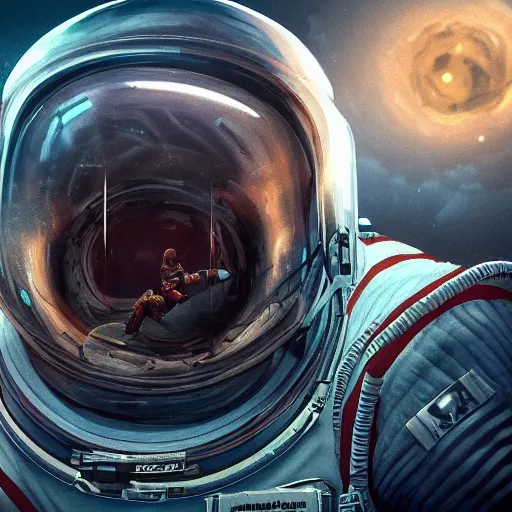 Image similar to an epic portrait of an astronaut entering microscopic multiverse of atoms madness with a tiny micro spaceship, cinematic lighting, trending on Artstation, highly detailed, insane details