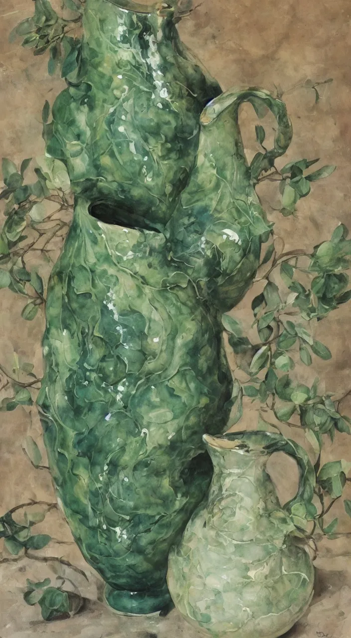 Prompt: a biomorphic ceramic still distilling eucalyptus into green oil, flowing, amphora, alchemical still, brush stroke, romantic painting
