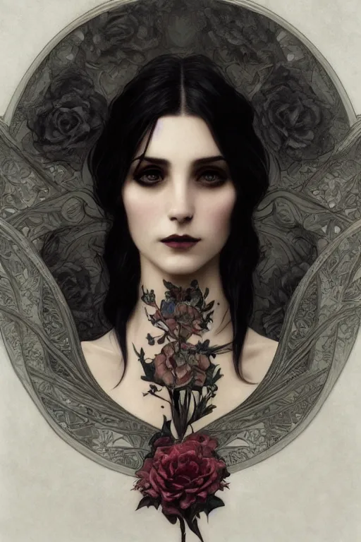 Prompt: portrait of a pretty gothic with tattoo, intricate, elegant, highly detailed, digital painting, artstation, concept art, smooth, sharp focus, illustration, art by artgerm and greg rutkowski and alphonse mucha and william - adolphe bouguereau