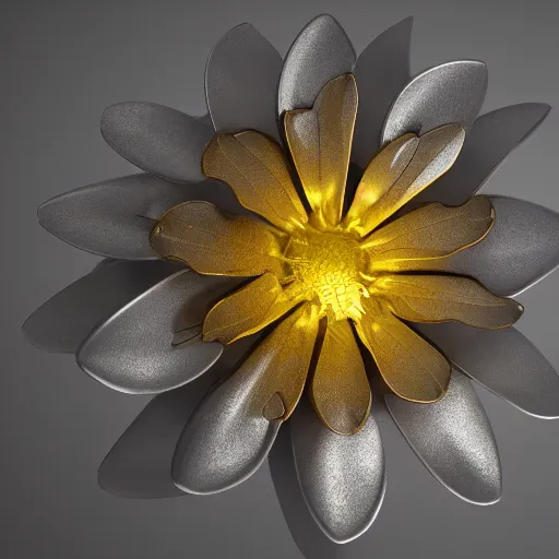 Image similar to a flower made of metal, 8 k, photorealistic, photograph, award winning, gloden hour, volumetric light