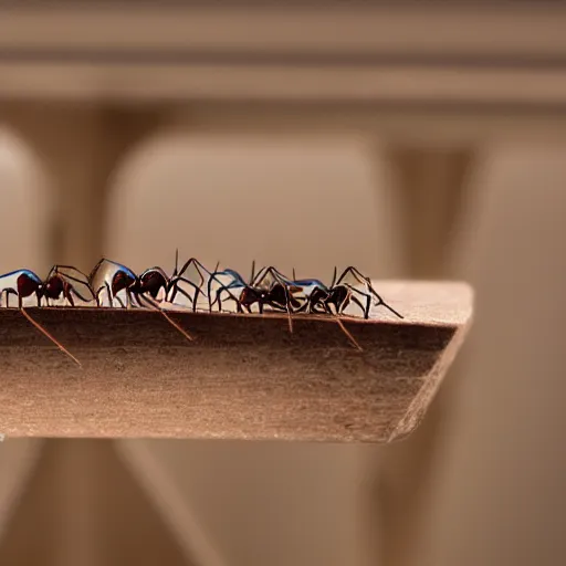 Image similar to a bridge between two desks made of ants, ant bridge, close up shot