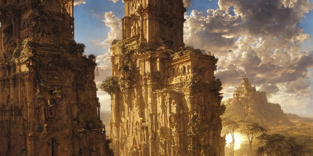 Prompt: tons of people jumping off of a huge biblical tower, golden ratio composition, sense of awe, art by ferdinand knab, greg rutkowski, john william waterhouse, religious, sunlight, highly detailed, intricate details