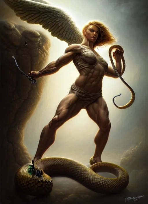 Image similar to strong muscular angel fighting a snake, aesthetic, fine art, intricate, elegant, highly detailed, realistic hair, centered, digital painting, art station, conceptual art, soft, sharp focus, illustration, artwork, artgerm, tomasz alen kopera, peter mohrbacher, donato giancola, wlop, boris vallejo