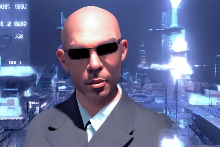 Prompt: pitbull mr. worldwide in a ps 1 game, in 2 0 5 5, y 2 k cybercore, industrial low - light photography, still from a ridley scott movie