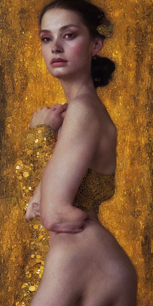 Image similar to an intricate portrait painting of an artistic pose young beautiful elegant angel, klimt golden motives and textures, hyper - detailed, octane render, vivid colors, artstation, by jeremy mann, by gustav klimt