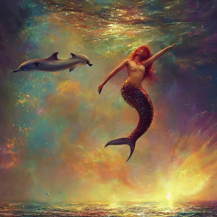 Image similar to glimmering mermaid swimming underwater, dolphins, golden hour, god rays, coral reef, dreamscape by artgerm and ruan jia and ismail inceoglu and greg olsen, cosmos, milky way galaxy, masterpiece, beautiful, intricate, elegant, highly detailed