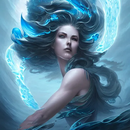 Prompt: powerful goddess of water clothed in swirling water striding through a stormy sea, highly detailed matte fantasy painting, stormy lighting, by Ross Tran and Artgerm and Peter Mohrbacher