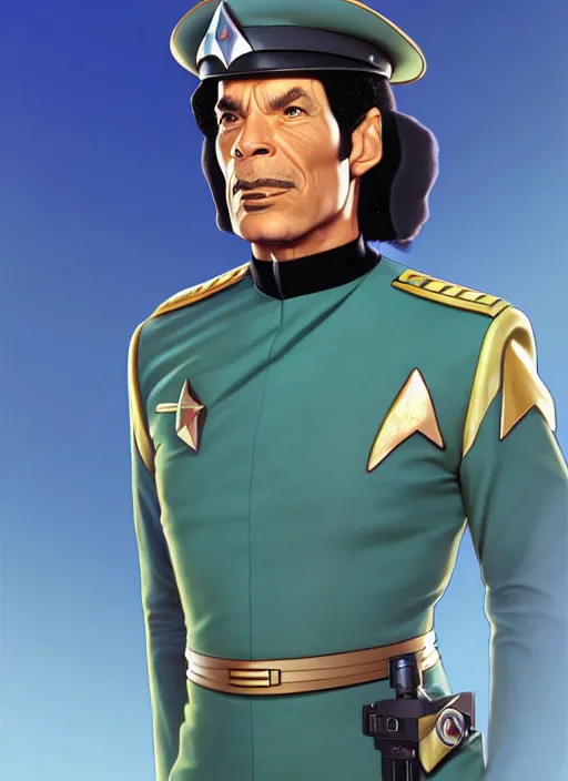 Image similar to cute star trek officer colonel gaddafi, natural lighting, path traced, highly detailed, high quality, digital painting, by don bluth and ross tran and studio ghibli and alphonse mucha, artgerm