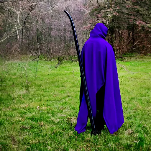 Image similar to grim reaper, purple cloak, full body, scythe