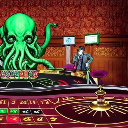 Image similar to digital art of cthulhu playing in a casino, realistic, highly - detailed, artstation cgsociety masterpiece