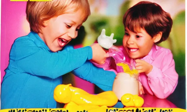 Image similar to kid playing with slime monster, realistic, detailed faces, toy commercial photo,toy magazine, highly detailed, photo from the 80s