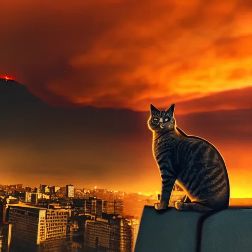 Image similar to cat watches a post apocalyptic city view where the sky is on fire