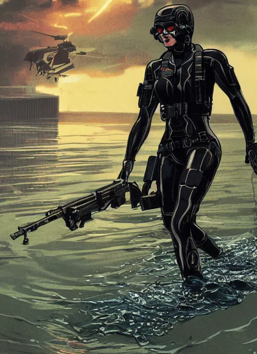 Image similar to black widow. USN blackops operator emerging from water at the shoreline. Operator wearing Futuristic cyberpunk tactical wetsuit and looking at an abandoned shipyard. Frogtrooper. rb6s, MGS, and splinter cell Concept art by James Gurney, Alphonso Mucha. Vivid color scheme.