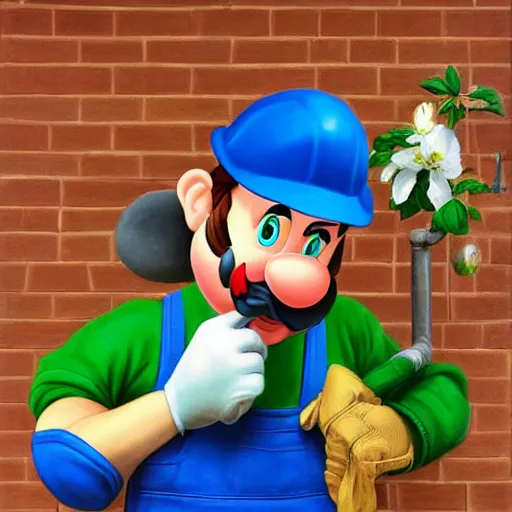 Image similar to an italian plumber emerges from a green pipe wearing blue overalls by Raphael, Hopper, and Rene Magritte. detailed, romantic, enchanting, trending on artstation.