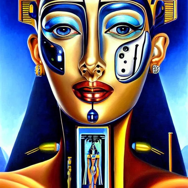 Image similar to a beautiful painting cyberpunk robot queen of egypt face, by salvador dali realistic oil painting