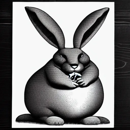 Image similar to book illustration of big chungus, book illustration, monochromatic, white background, black and white image