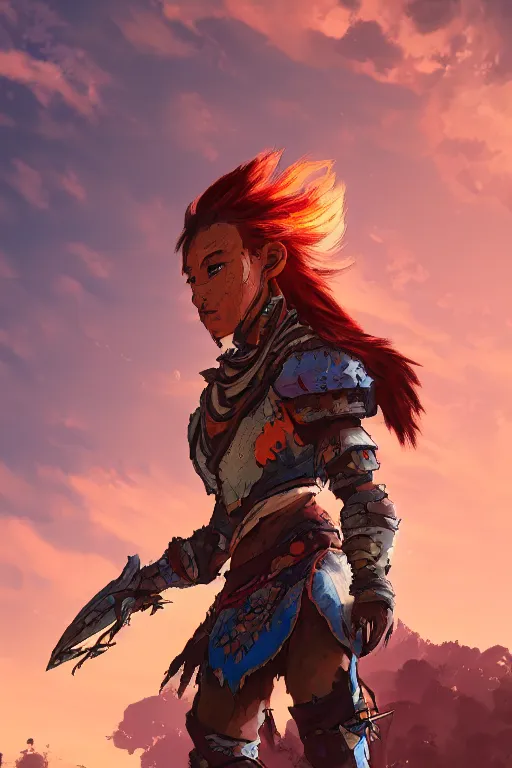 Image similar to combination suit armor aloy horizon forbidden west horizon zero dawn radiating a glowing aura global illumination ray tracing hdr fanart arstation by ian pesty and alena aenami artworks in 4 k tribal robot ninja mask helmet backpack