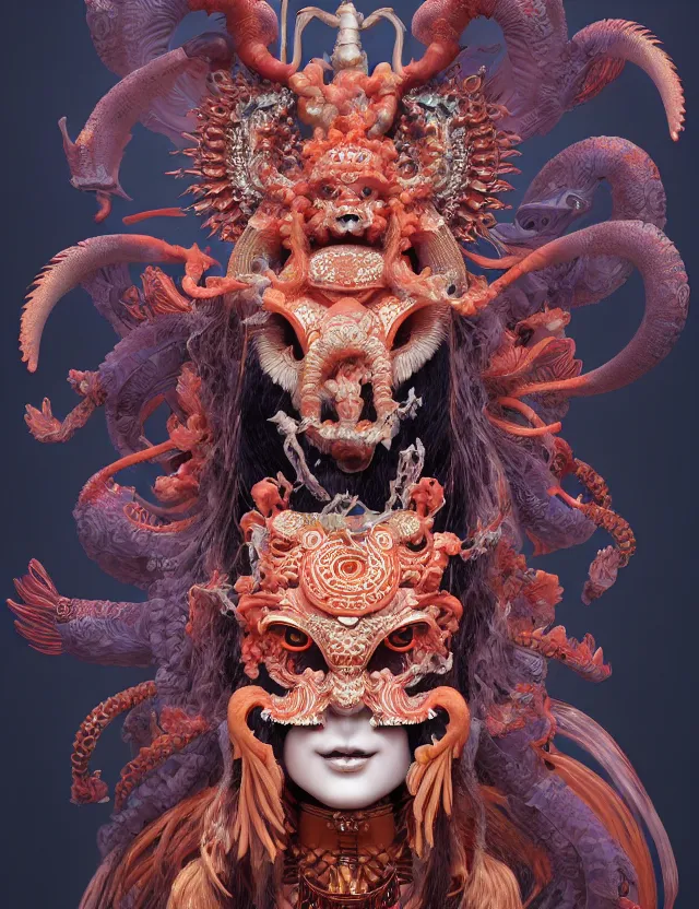 Image similar to 3 d goddess of hell close - up profile portrait with ram skull. beautiful intricately detailed japanese crow kitsune mask and clasical japanese kimono. betta fish, jellyfish phoenix, bio luminescent, plasma, ice, water, wind, creature, artwork by tooth wu and wlop and beeple and greg rutkowski