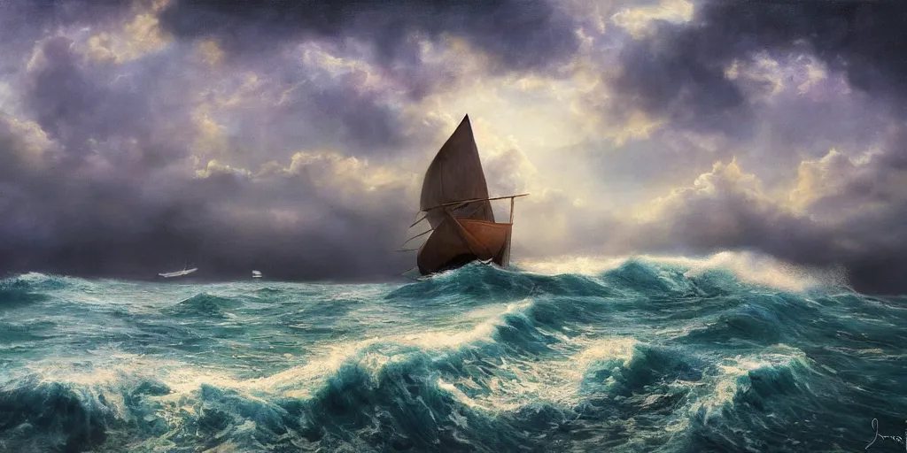 Prompt: a real photographic landscape painting with incomparable reality, super wide, ominous sky, sailing boat, wooden boat, lotus, huge waves, starry night, harry potter, volumetric lighting, clearing, realistic, james gurney, art station