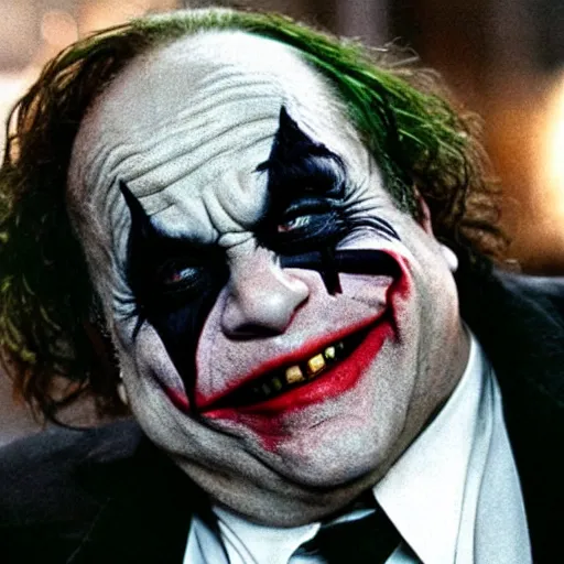 Image similar to Danny Devito as The Joker, still image from Batman movie