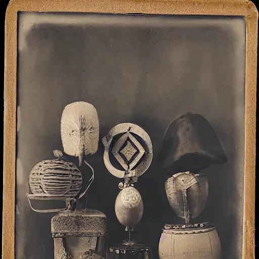 Prompt: Tintype photography of exotic objects, magic objects, ethnographic museum, indigenous, salvaje, nature and culture, 1920s studio lighting.