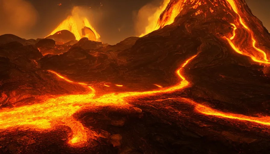 Image similar to a volcanic landscape, golden flowing lava, cinematic lighting, behance hd, trending on artstation, global illumination, radiating, a glowing aura, ray tracing, hdr, matte painting