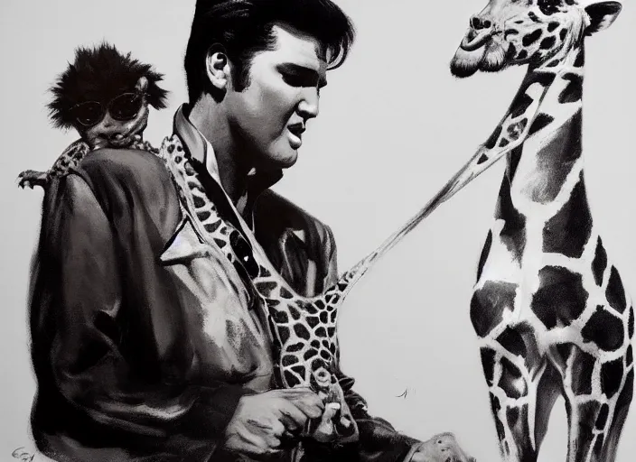 Image similar to a highly detailed beautiful portrait of elvis presley with a giraffe, by gregory manchess, james gurney, james jean