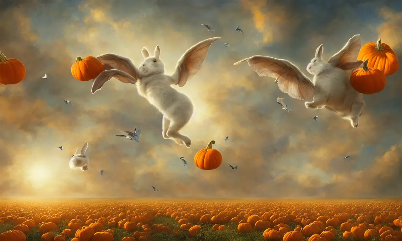 Image similar to a beautiful digital painting of a white rabbit flying in the clouds, birds in the sunlight, numerous golden pumpkins, blue sky at sunset, elegant, highly detailed, artstation, concept art, matte, sharp focus, art by tom bagshaw, kelogsloops and greg rutkowski