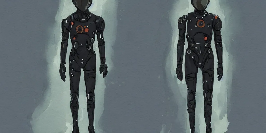 Image similar to male, full body, modern space suit, intriguing helmet, very stylized character design, the expanse tv series, large shoulders, short torso, long thin legs, tiny feet, science fiction, hyperdetailed, technical suit, dieselpunk, watercolor digital painting, in the style of mike mignola, by alex maleev