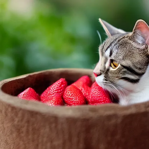 Prompt: A cat that is a strawberry, photo