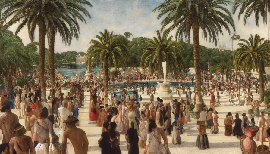 Image similar to a ultradetailed beautiful painting of hundreds of people around an old fountain in the amazonas palace balustrade designed by jules bastien - lepage, tarsila do amaral, frank weston and gustave baumann, beach, trending on artstation, mediterranean, palm trees, sharp focus, soft light, 8 k 4 k