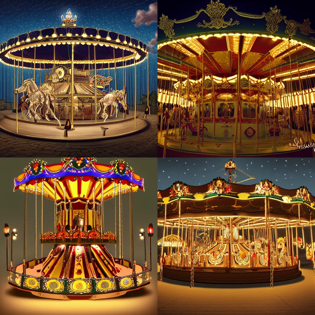 Prompt: Carousel with lightings at night, elegant, artstation, concept art, highly detailed