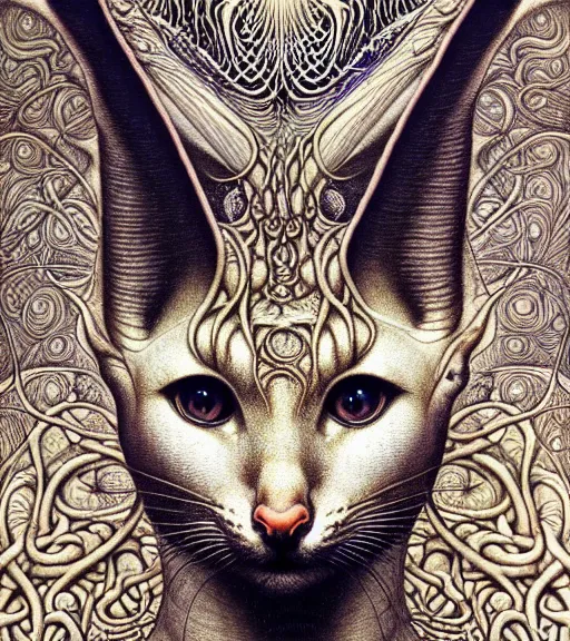 Image similar to detailed realistic beautiful serval goddess face portrait by jean delville, gustave dore, iris van herpen and marco mazzoni, art forms of nature by ernst haeckel, art nouveau, symbolist, visionary, gothic, neo - gothic, pre - raphaelite, fractal lace, intricate alien botanicals, ai biodiversity, surreality, hyperdetailed ultrasharp octane render