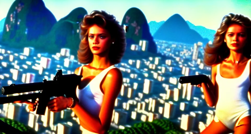 Image similar to 1 9 8 6 movie screencap of a girl with a gun on a rio de janeiro, gucci clothes, sparkes sky, beautiful favela background extremely utra high quality artwork 8 k