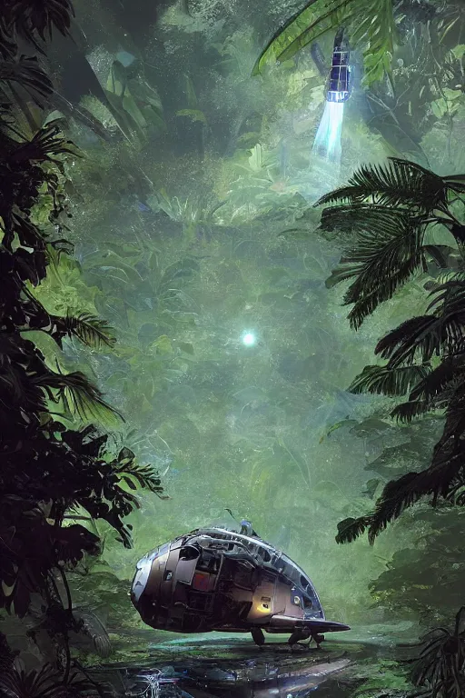 Prompt: a crashed sci-fi spacecraft in a magical tropical rain forest, D&D, fantasy, intricate, cinematic lighting, highly detailed, digital painting, artstation, concept art, smooth, sharp focus, illustration, art by Terry Moore and Greg Rutkowski and Alphonse Mucha