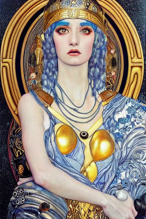 Image similar to hyper realistic painting of the goddess athena, art deco, art nouveau, hr giger, bussiere, gustav klimt, extremely detailed, intricate border